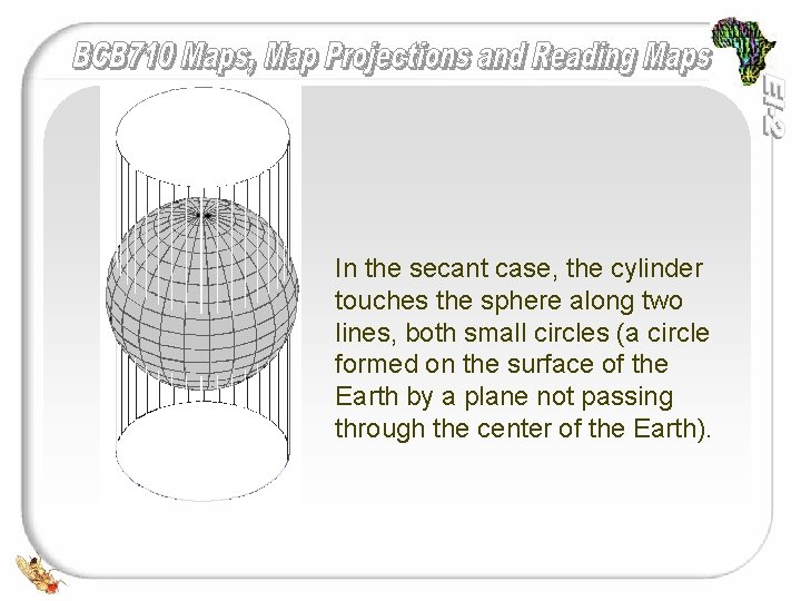 In the secant case, the cylinder touches the sphere along two lines, both small