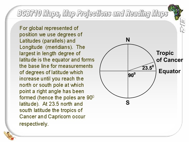 For global represented of position we use degrees of Latitudes (parallels) and Longitude (meridians).