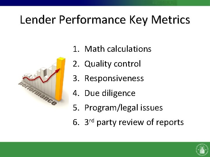 Lender Performance Key Metrics 1. Math calculations 2. Quality control 3. Responsiveness 4. Due