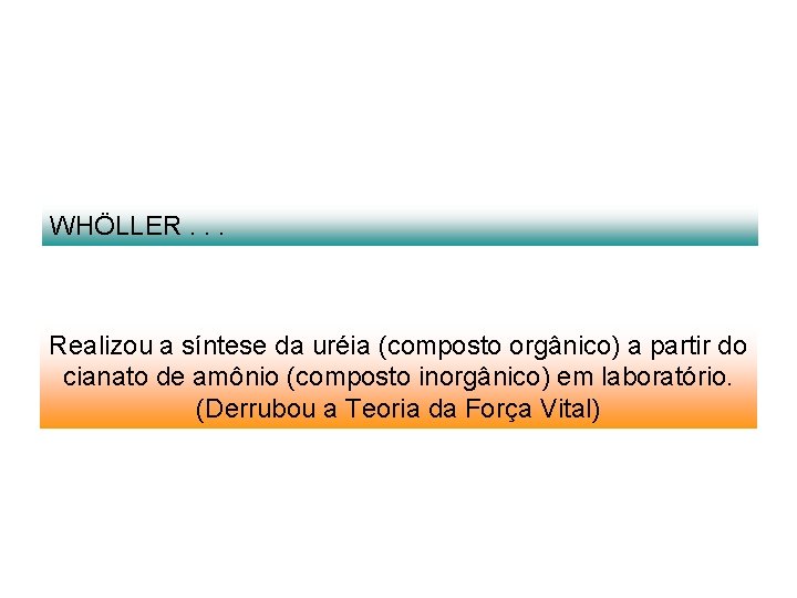 WHÖLLER. . . Realizou a síntese da uréia (composto orgânico) a partir do cianato