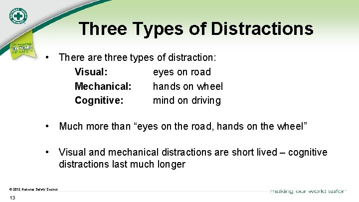 Three Types of Distractions • There are three types of distraction: Visual: eyes on