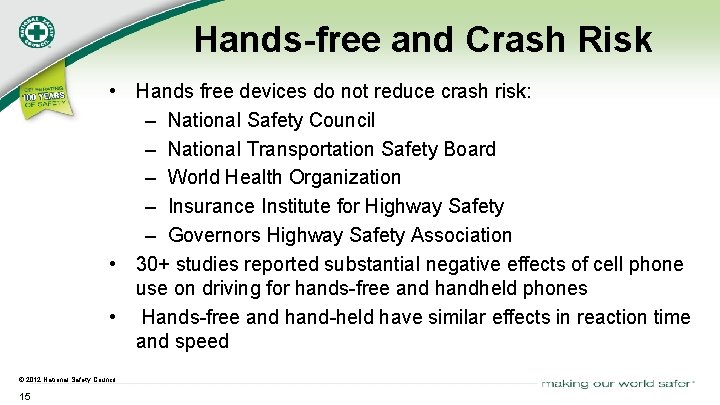 Hands-free and Crash Risk • Hands free devices do not reduce crash risk: –