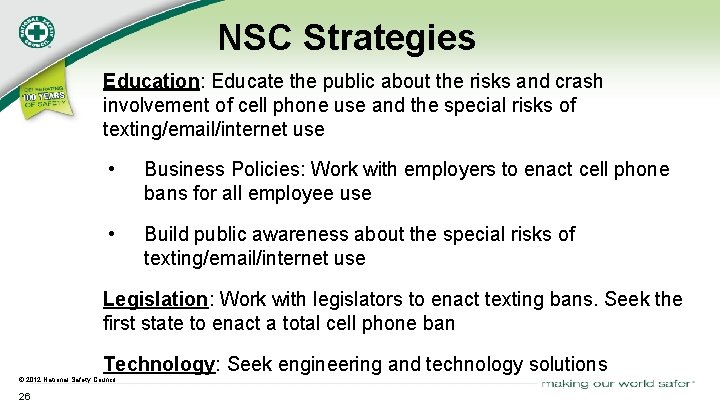 NSC Strategies Education: Educate the public about the risks and crash involvement of cell