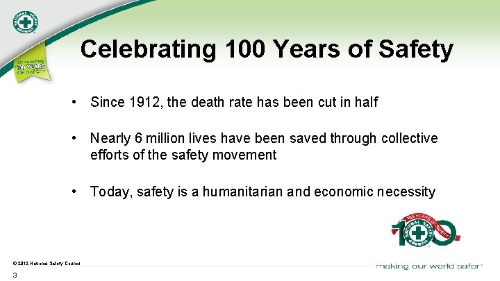 Celebrating 100 Years of Safety • Since 1912, the death rate has been cut