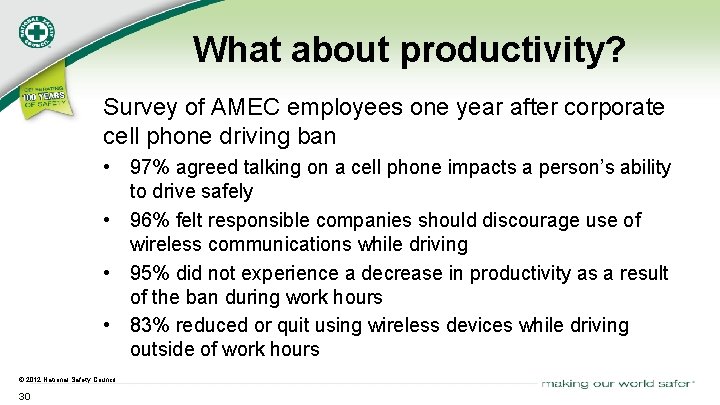 What about productivity? Survey of AMEC employees one year after corporate cell phone driving
