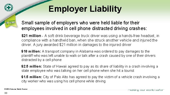 Employer Liability Small sample of employers who were held liable for their employees involved
