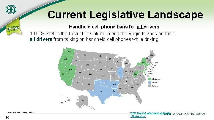 Current Legislative Landscape Handheld cell phone bans for all drivers 10 U. S. states