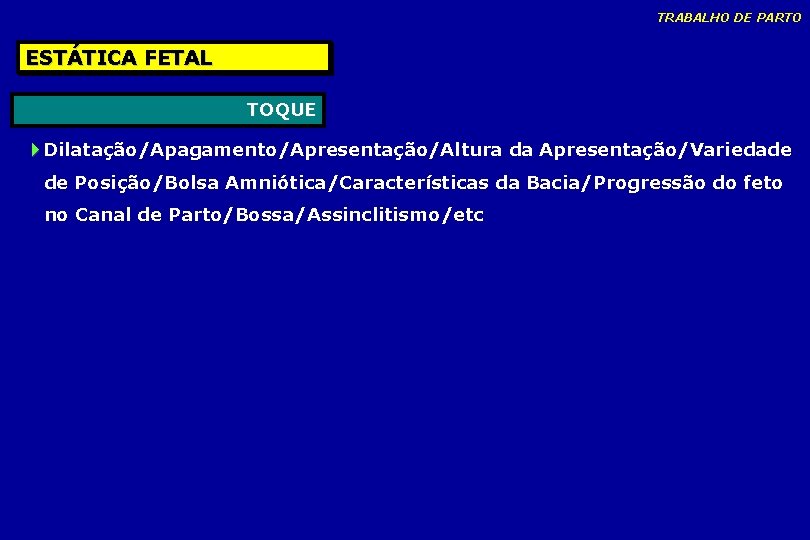TRABALHO DE PARTO ESTÁTICA FETAL TOQUE Dilatação/Apagamento/Apresentação/Altura da Apresentação/Variedade de Posição/Bolsa Amniótica/Características da Bacia/Progressão TRABALHO DE PARTO ESTÁTICA FETAL TOQUE Dilatação/Apagamento/Apresentação/Altura da Apresentação/Variedade de Posição/Bolsa Amniótica/Características da Bacia/Progressão