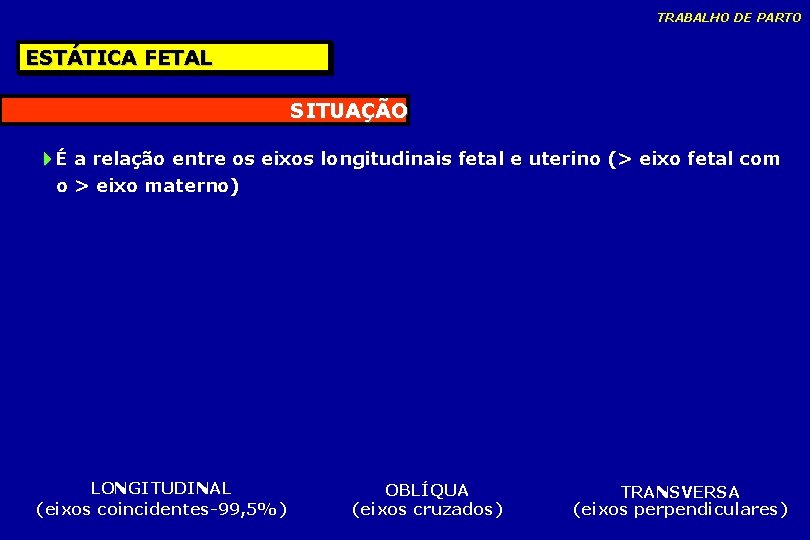 TRABALHO DE PARTO ESTÁTICA FETAL SITUAÇÃO É a relação entre os eixos longitudinais fetal TRABALHO DE PARTO ESTÁTICA FETAL SITUAÇÃO É a relação entre os eixos longitudinais fetal