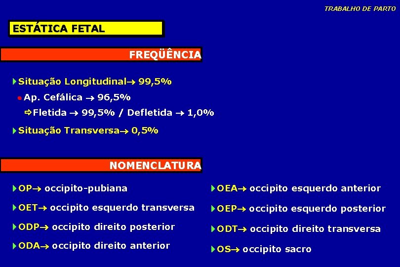 TRABALHO DE PARTO ESTÁTICA FETAL FREQÜÊNCIA Situação Longitudinal 99, 5% Ap. Cefálica 96, 5% TRABALHO DE PARTO ESTÁTICA FETAL FREQÜÊNCIA Situação Longitudinal 99, 5% Ap. Cefálica 96, 5%