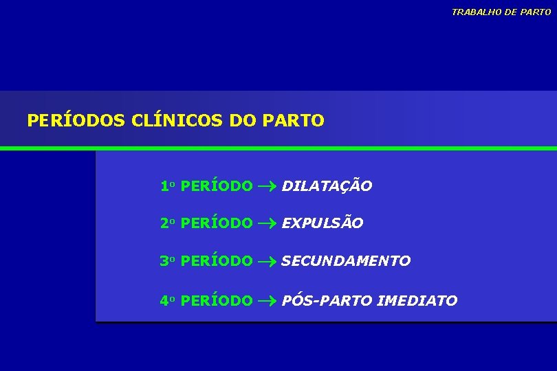 TRABALHO DE PARTO PERÍODOS CLÍNICOS DO PARTO 1 o PERÍODO DILATAÇÃO 2 o PERÍODO TRABALHO DE PARTO PERÍODOS CLÍNICOS DO PARTO 1 o PERÍODO DILATAÇÃO 2 o PERÍODO