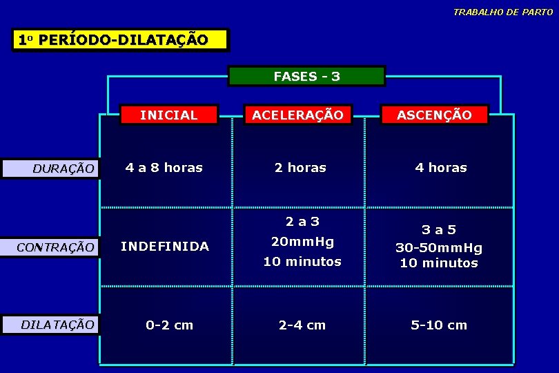 TRABALHO DE PARTO 1 o PERÍODO-DILATAÇÃO FASES - 3 INICIAL DURAÇÃO 4 a 8 TRABALHO DE PARTO 1 o PERÍODO-DILATAÇÃO FASES - 3 INICIAL DURAÇÃO 4 a 8