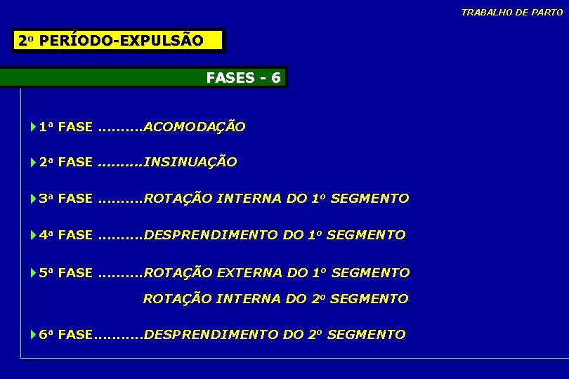 TRABALHO DE PARTO 2 o PERÍODO-EXPULSÃO FASES - 6 1 a FASE. . ACOMODAÇÃO TRABALHO DE PARTO 2 o PERÍODO-EXPULSÃO FASES - 6 1 a FASE. . ACOMODAÇÃO