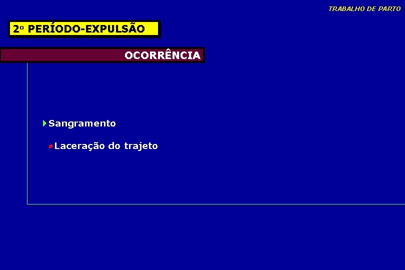 TRABALHO DE PARTO 2 o PERÍODO-EXPULSÃO OCORRÊNCIA Sangramento Laceração do trajeto TRABALHO DE PARTO 2 o PERÍODO-EXPULSÃO OCORRÊNCIA Sangramento Laceração do trajeto