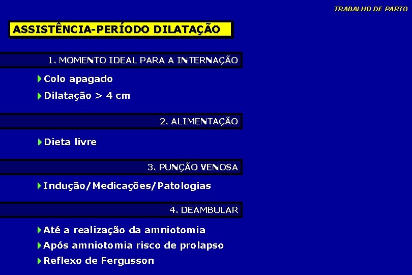 TRABALHO DE PARTO ASSISTÊNCIA-PERÍODO DILATAÇÃO 1. MOMENTO IDEAL PARA A INTERNAÇÃO Colo apagado Dilatação TRABALHO DE PARTO ASSISTÊNCIA-PERÍODO DILATAÇÃO 1. MOMENTO IDEAL PARA A INTERNAÇÃO Colo apagado Dilatação