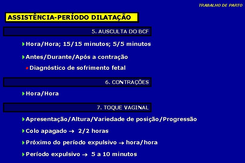 TRABALHO DE PARTO ASSISTÊNCIA-PERÍODO DILATAÇÃO 5. AUSCULTA DO BCF Hora/Hora; 15/15 minutos; 5/5 minutos TRABALHO DE PARTO ASSISTÊNCIA-PERÍODO DILATAÇÃO 5. AUSCULTA DO BCF Hora/Hora; 15/15 minutos; 5/5 minutos