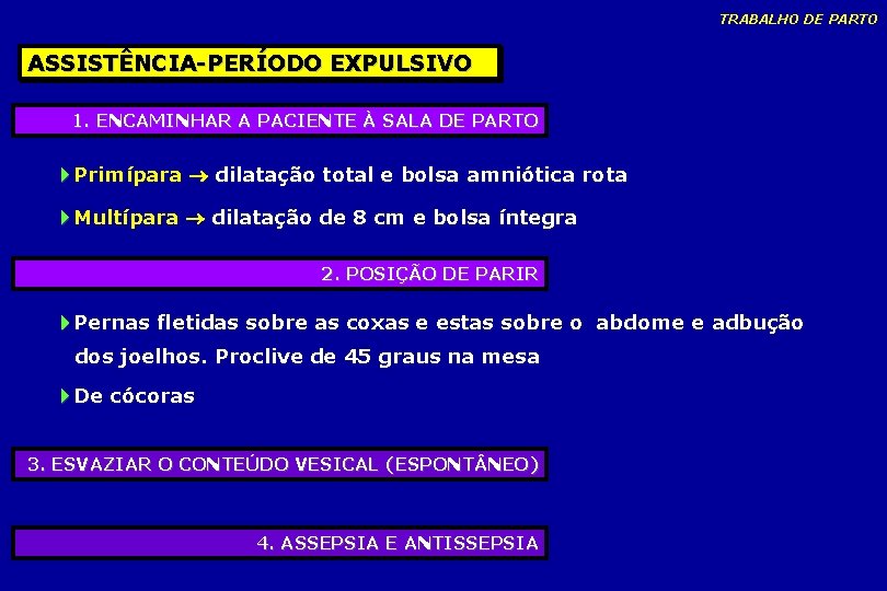 TRABALHO DE PARTO ASSISTÊNCIA-PERÍODO EXPULSIVO 1. ENCAMINHAR A PACIENTE À SALA DE PARTO Primípara TRABALHO DE PARTO ASSISTÊNCIA-PERÍODO EXPULSIVO 1. ENCAMINHAR A PACIENTE À SALA DE PARTO Primípara