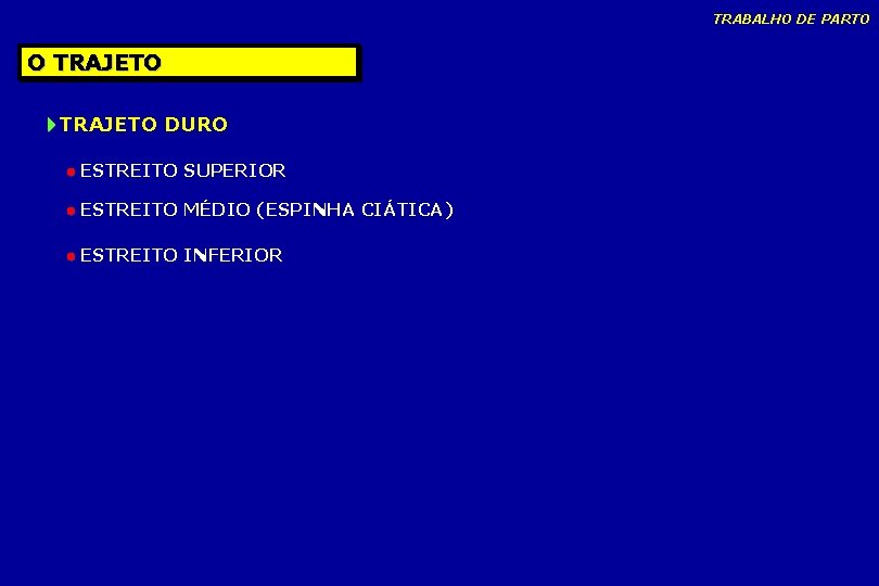 TRABALHO DE PARTO O TRAJETO DURO ESTREITO SUPERIOR ESTREITO MÉDIO (ESPINHA CIÁTICA) ESTREITO INFERIOR TRABALHO DE PARTO O TRAJETO DURO ESTREITO SUPERIOR ESTREITO MÉDIO (ESPINHA CIÁTICA) ESTREITO INFERIOR