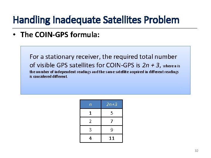 Handling Inadequate Satellites Problem • The COIN-GPS formula: For a stationary receiver, the required