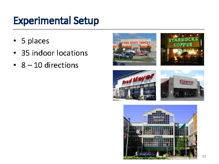 Experimental Setup • 5 places • 35 indoor locations • 8 – 10 directions