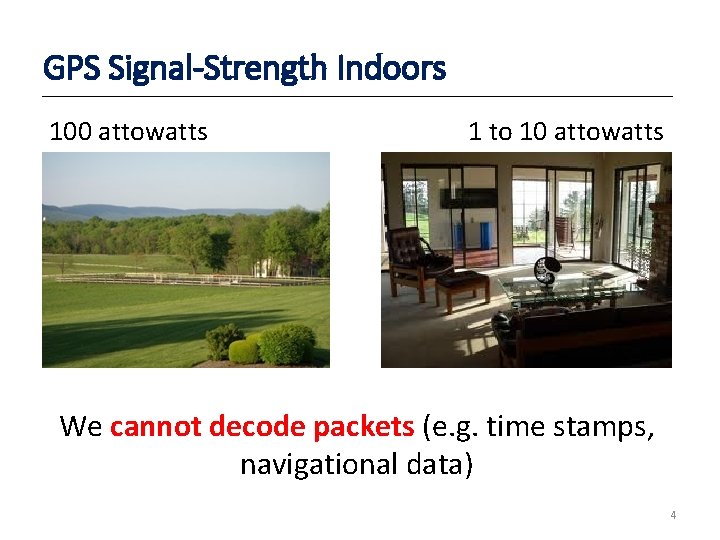 GPS Signal-Strength Indoors 100 attowatts 1 to 10 attowatts We cannot decode packets (e.