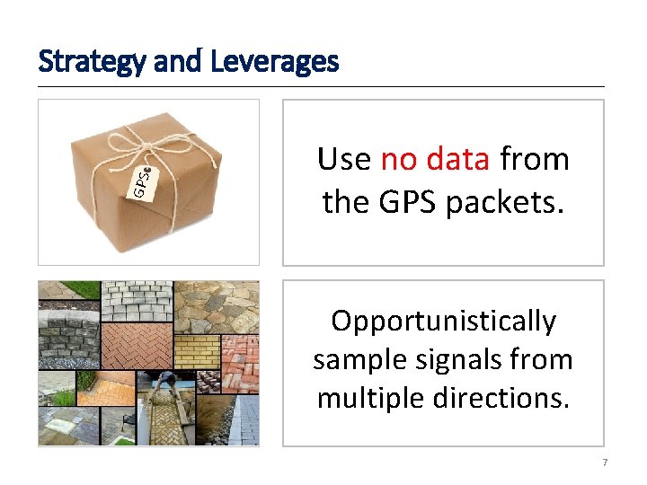 GPS Strategy and Leverages Use no data from the GPS packets. Opportunistically sample signals