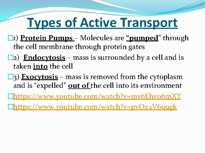 Types of Active Transport � 1) Protein Pumps – Molecules are “pumped” through the