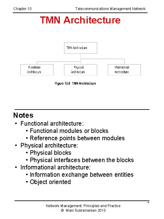 Chapter 10 Telecommunications Management Network TMN Architecture Notes • Functional architecture: • Functional modules