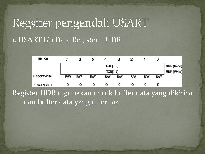 Regsiter pengendali USART 1. USART I/0 Data Register – UDR Register UDR digunakan untuk