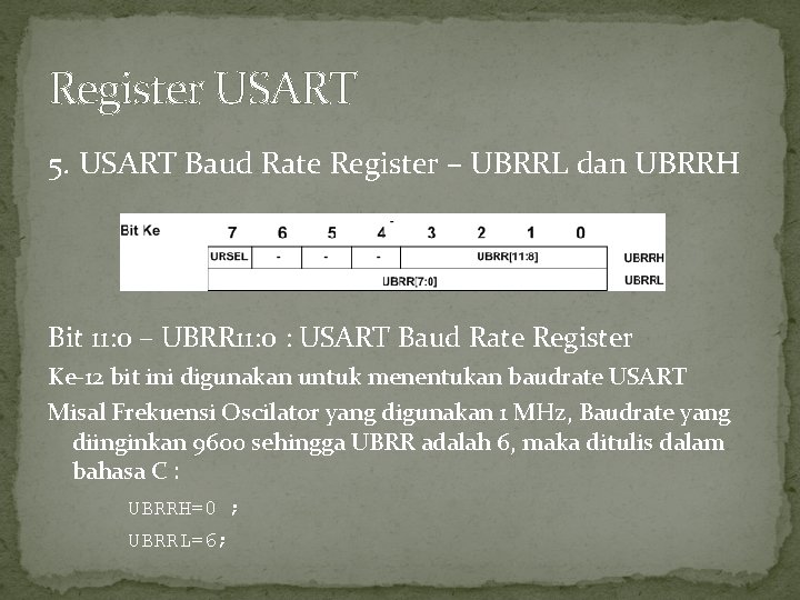 Register USART 5. USART Baud Rate Register – UBRRL dan UBRRH Bit 11: 0