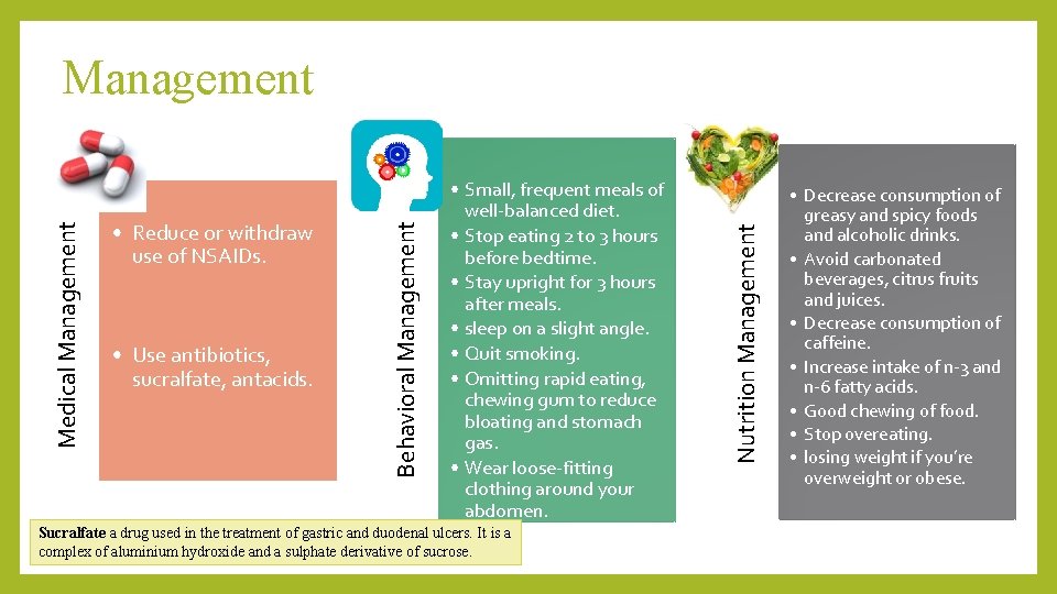  • Use antibiotics, sucralfate, antacids. • Small, frequent meals of well-balanced diet. •