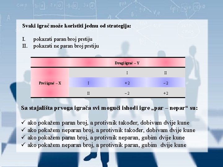 Svaki igrač može koristiti jednu od strategija: I. pokazati paran broj prstiju II. pokazati