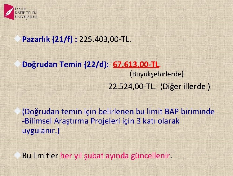  Pazarlık (21/f) : 225. 403, 00 -TL. Doğrudan Temin (22/d): 67. 613, 00