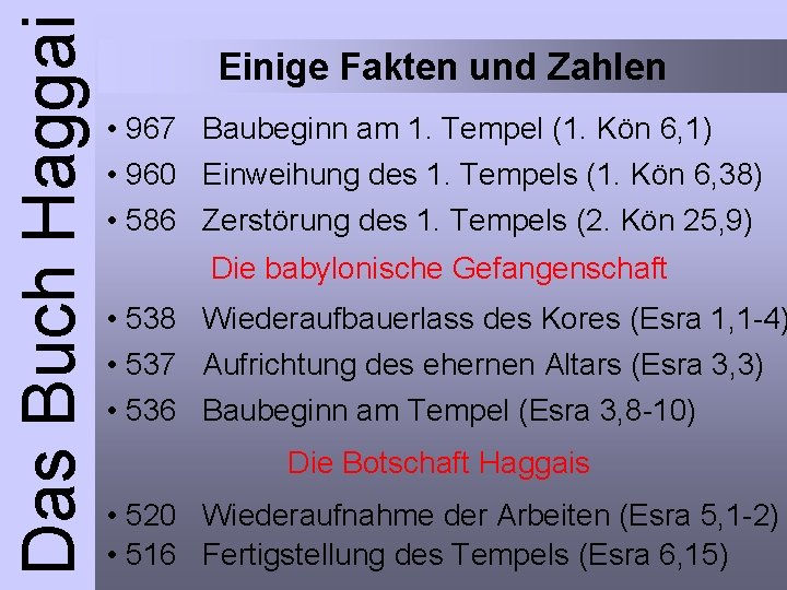 Das Buch Haggai Einige Fakten und Zahlen • 967 Baubeginn am 1. Tempel (1.