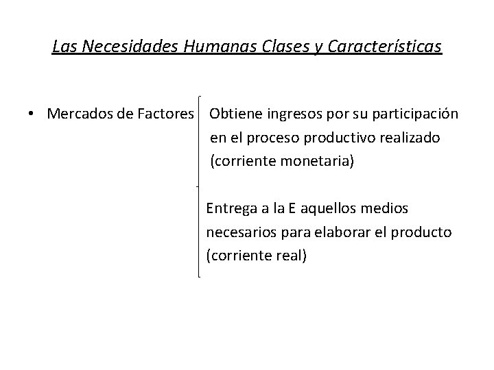 Las Necesidades Humanas Clases y Características • Mercados de Factores Obtiene ingresos por su