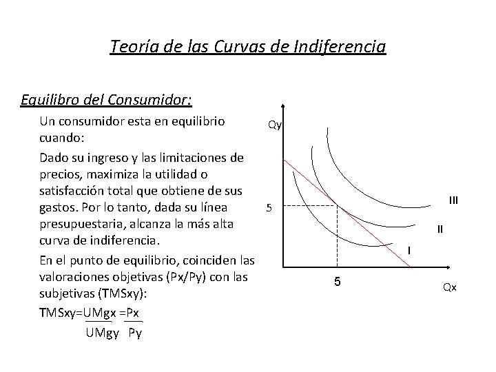 Teoría de las Curvas de Indiferencia Equilibro del Consumidor: Un consumidor esta en equilibrio