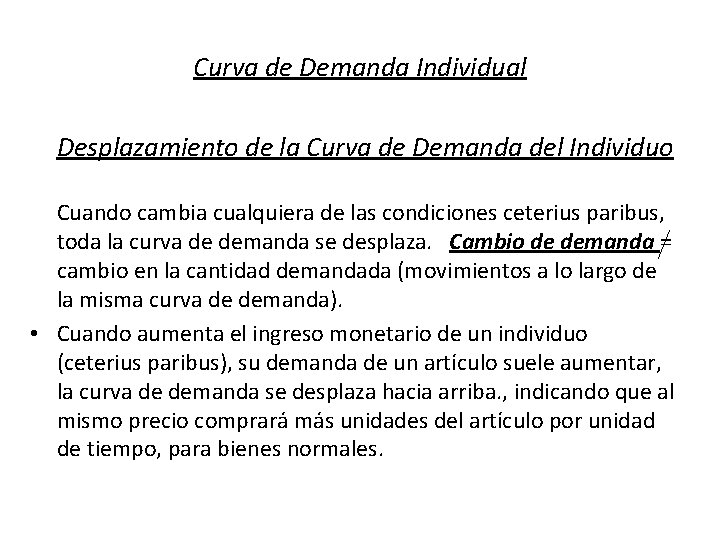 Curva de Demanda Individual Desplazamiento de la Curva de Demanda del Individuo Cuando cambia
