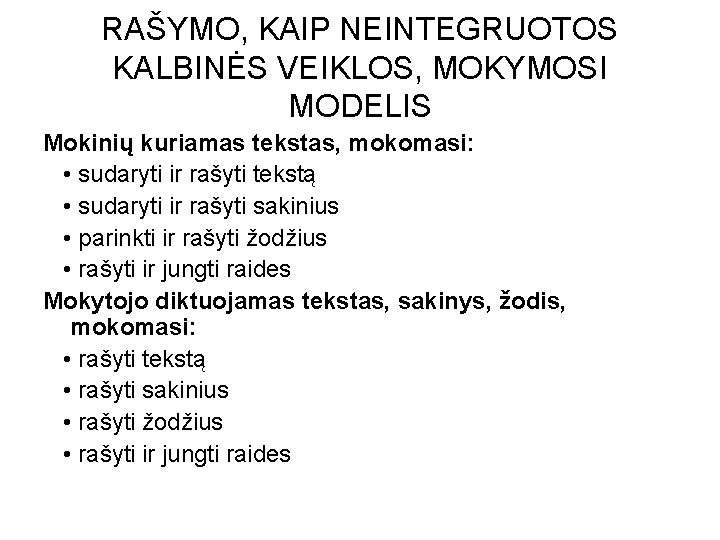 RAŠYMO, KAIP NEINTEGRUOTOS KALBINĖS VEIKLOS, MOKYMOSI MODELIS Mokinių kuriamas tekstas, mokomasi: • sudaryti ir