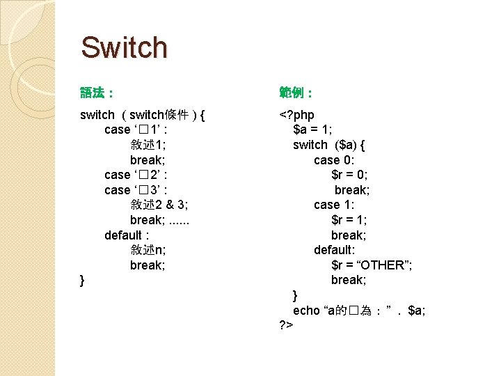 Switch 語法： 範例： switch ( switch條件 ) { case ‘� 1’ : 敘述 1;