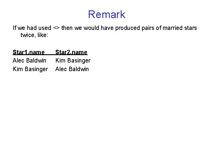 Remark If we had used <> then we would have produced pairs of married