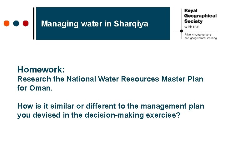 Managing water in Sharqiya Homework: Research the National Water Resources Master Plan for Oman.