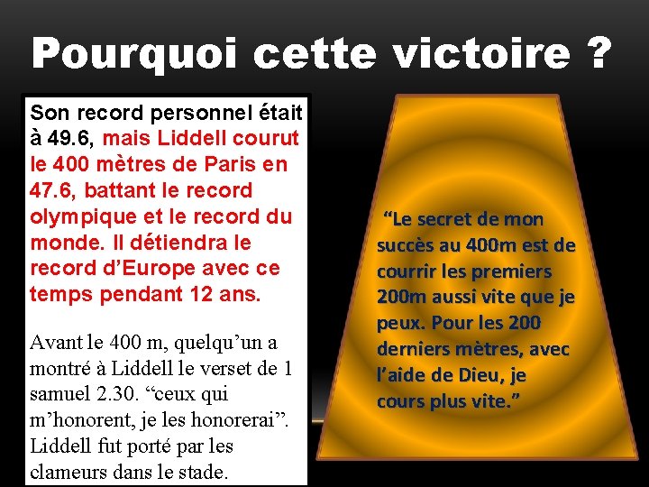 Pourquoi cette victoire ? Son record personnel était à 49. 6, mais Liddell courut Pourquoi cette victoire ? Son record personnel était à 49. 6, mais Liddell courut