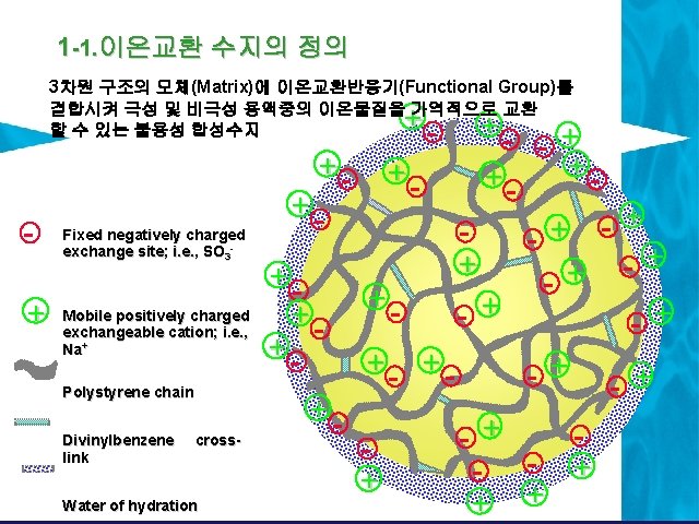 1 -1. 이온교환 수지의 정의 3차원 구조의 모체(Matrix)에 이온교환반응기(Functional Group)를 결합시켜 극성 및 비극성 1 -1. 이온교환 수지의 정의 3차원 구조의 모체(Matrix)에 이온교환반응기(Functional Group)를 결합시켜 극성 및 비극성