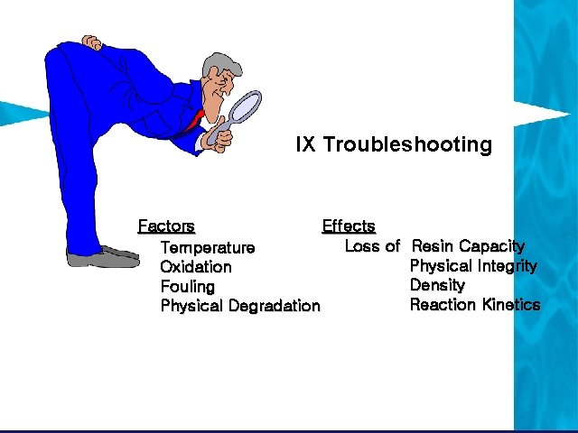 IX Troubleshooting Factors Effects Loss of Temperature Oxidation Fouling Physical Degradation Resin Capacity Physical IX Troubleshooting Factors Effects Loss of Temperature Oxidation Fouling Physical Degradation Resin Capacity Physical