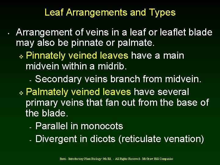 Leaf Arrangements and Types • Arrangement of veins in a leaf or leaflet blade