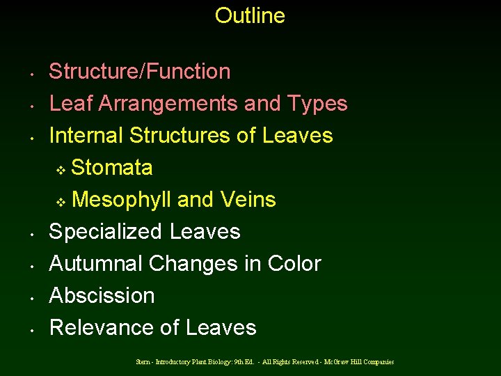 Outline • • Structure/Function Leaf Arrangements and Types Internal Structures of Leaves v Stomata