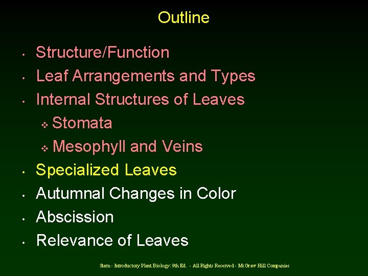 Outline • • Structure/Function Leaf Arrangements and Types Internal Structures of Leaves v Stomata