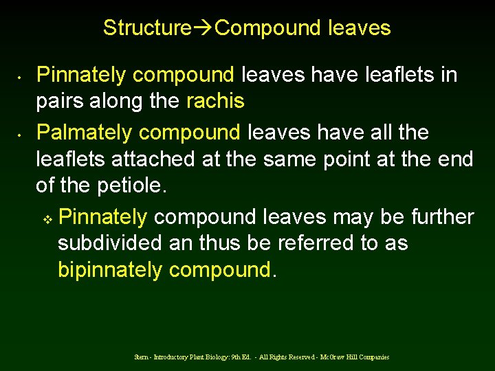 Structure Compound leaves • • Pinnately compound leaves have leaflets in pairs along the