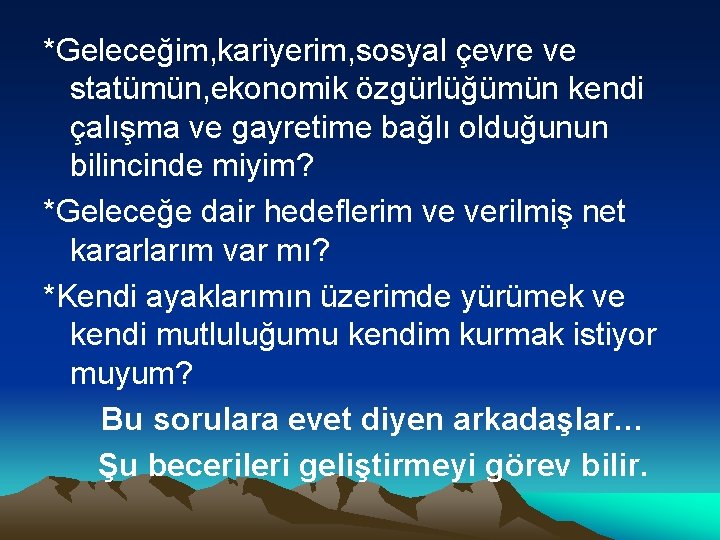 *Geleceğim, kariyerim, sosyal çevre ve statümün, ekonomik özgürlüğümün kendi çalışma ve gayretime bağlı olduğunun