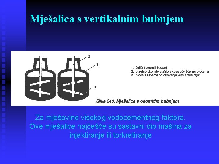 Mješalica s vertikalnim bubnjem Za mješavine visokog vodocementnog faktora. Ove mješalice najčešće su sastavni